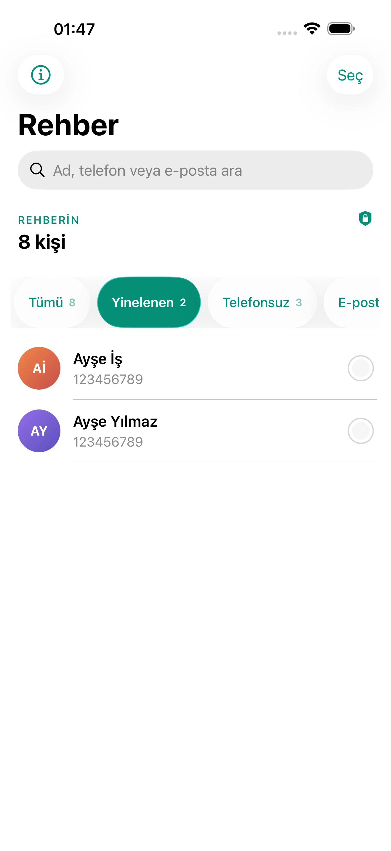 Arın uygulamasında yinelenen kişiler filtresi açık kişi listesi
