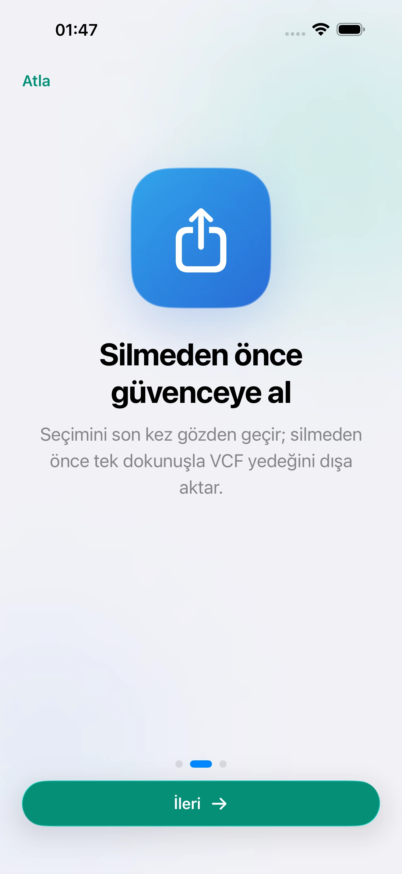 Arın uygulamasının güvenli silme akışını açıklayan tanıtım ekranı