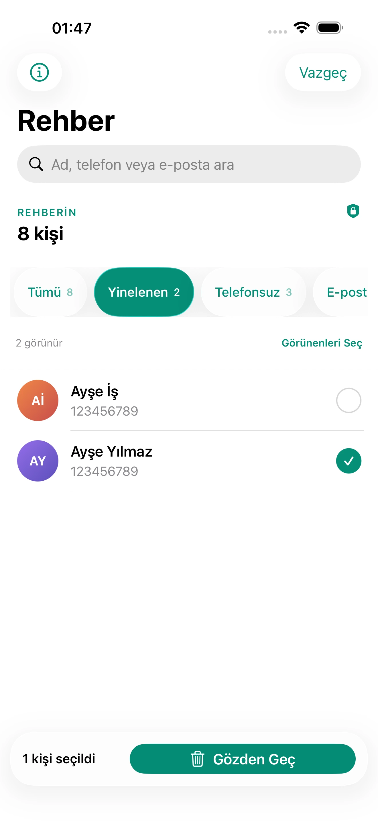 Arın uygulamasında seçilen kişilerin gözden geçirildiği ekran